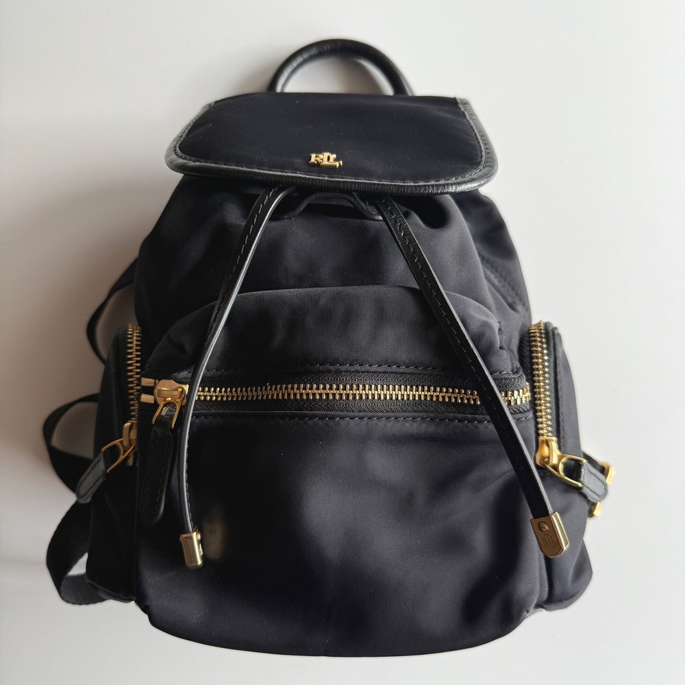 Lauren Ralph Lauren Keely Small Black Nylon Satin Gold Trim‎ Backpack Bag